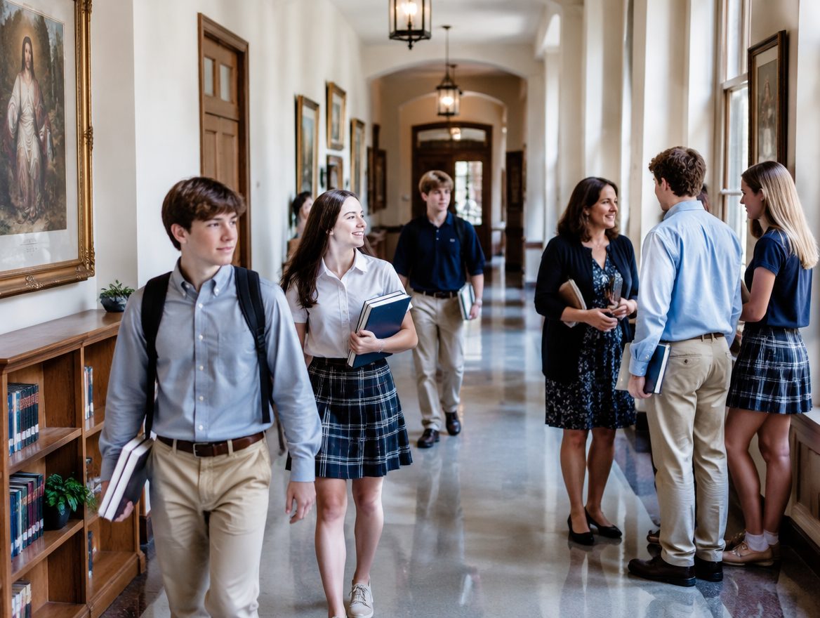 High school students in a classical Christian school hallway