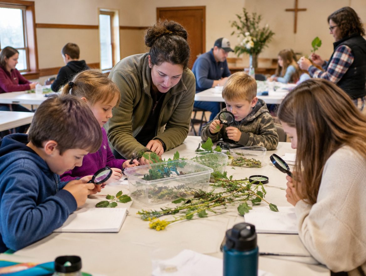 Homeschool co-op science class in a Springdale fellowship hall